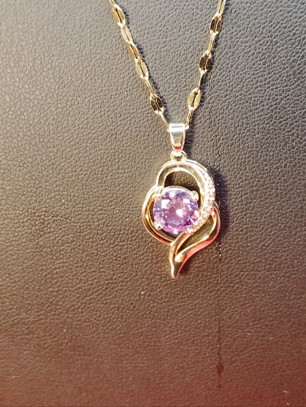 Gold Tone Stainless Steel Purple Crystal Swirl Pendant Necklace